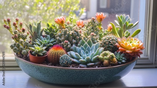 Colorful succulent and cactus arrangement in teal planter on windowsill, vibrant flowers