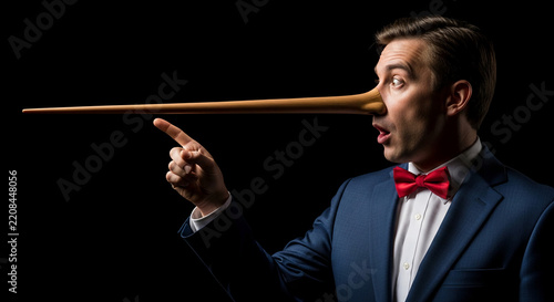 A man in a suit and red bow tie with a long wooden nose, symbolizing dishonesty and deception, against a dark background