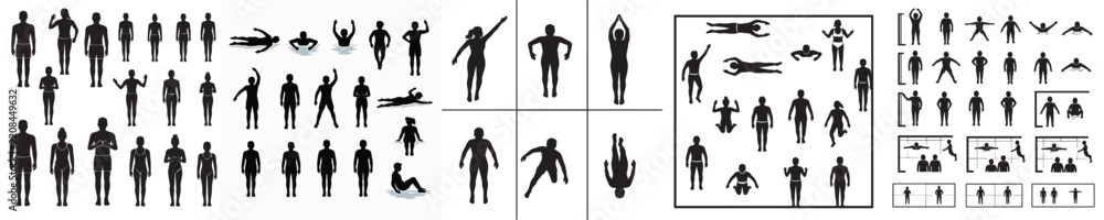Fototapeta premium set of people swimming in the pool top view silhouettes for architectural assets. men and women swimmer. black shadow plan