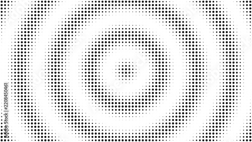 Black and white halftone circular ripple pattern on a white background, for abstract digital, texture and geometric