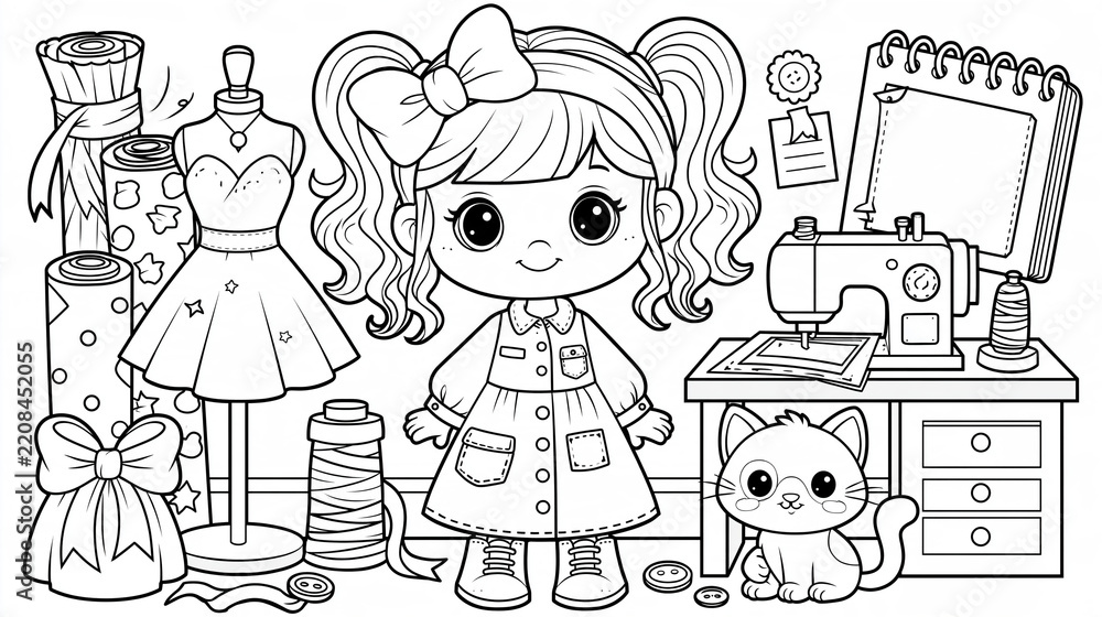 Fototapeta premium Young Fashion Designer in Creative Studio Coloring Page