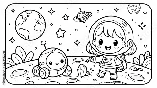 Girl Astronaut Exploring the Moon Children’s Coloring Page