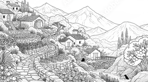 Terraced Mountain Village Detailed Adult Coloring Page