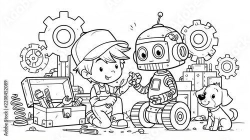 Young Inventor Building Friendly Robot Children’s Coloring Page