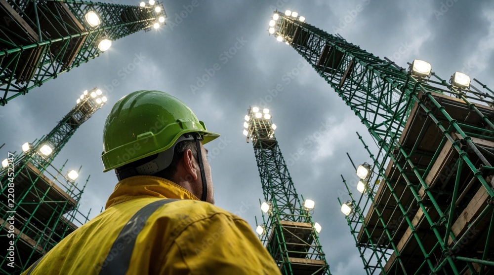 Obraz premium Male engineer in green hard hat, yellow jacket looks up at tall metal scaffolding. Construction site bright work lights on structure under cloudy sky. Industrial worker inspects building framework