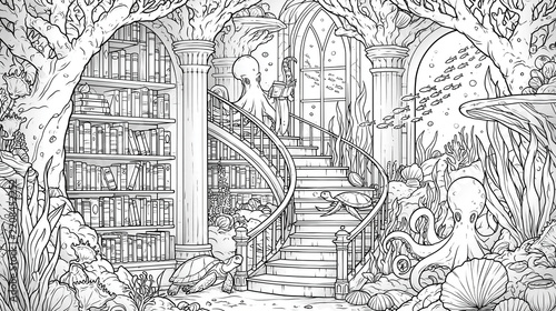 Whimsical Underwater Library Adult Coloring Page