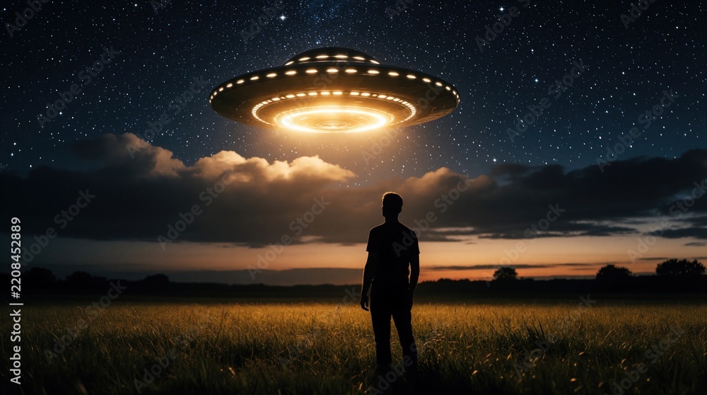 Fototapeta premium Silhouette of man stands in dark field looking at glowing UFO in night sky. Flying saucer hovers above clouds with bright light. Alien spacecraft arrives in meadow under starry cosmos. Mysterious