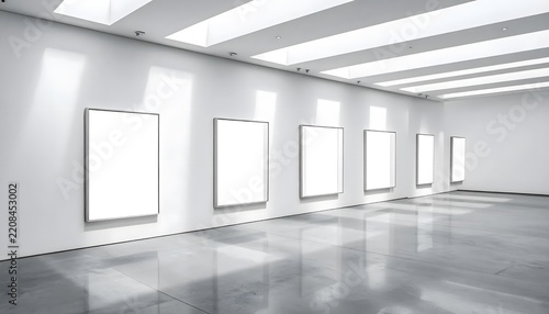 Modern art gallery with blank white canvases on wall.