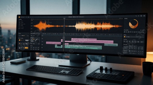 Modern video editing software interface on wide monitor screen. Pro editor works with color grading tools, audio waveform timeline in dark studio. Digital workstation setup with keyboard, control pad