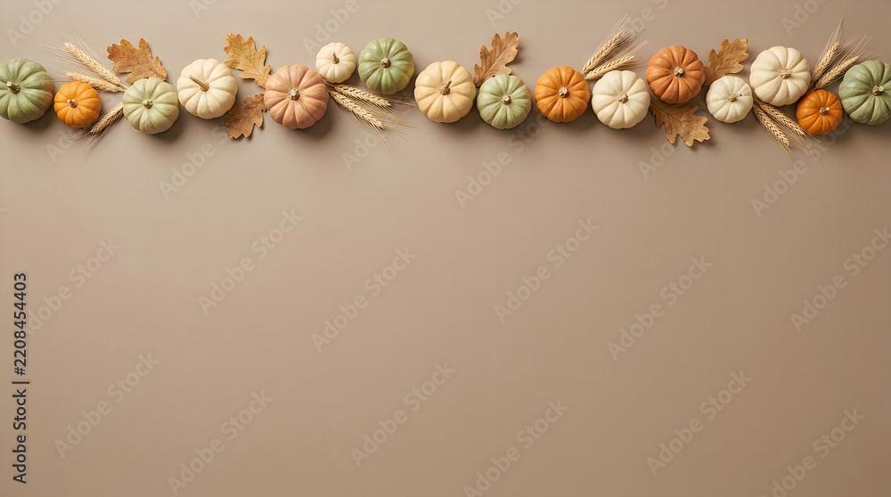 Obraz premium Mini pumpkins and wheat decoration on wall