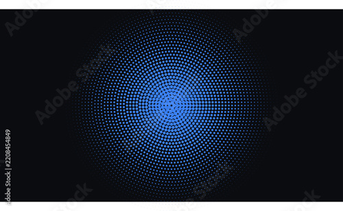 Abstract blue halftone radial pattern with circular dots on a dark background, digital texture for technology and science themes