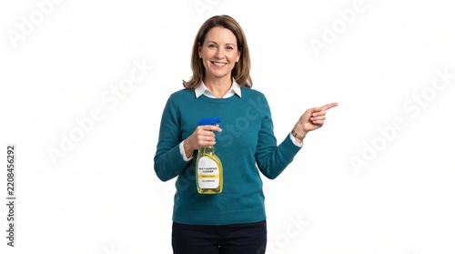 Smiling Woman Holding Multi Surface Cleaner Bottle and Pointing to the Right