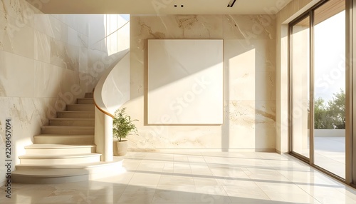 Modern minimalist interior with blank canvas and curved stairs.