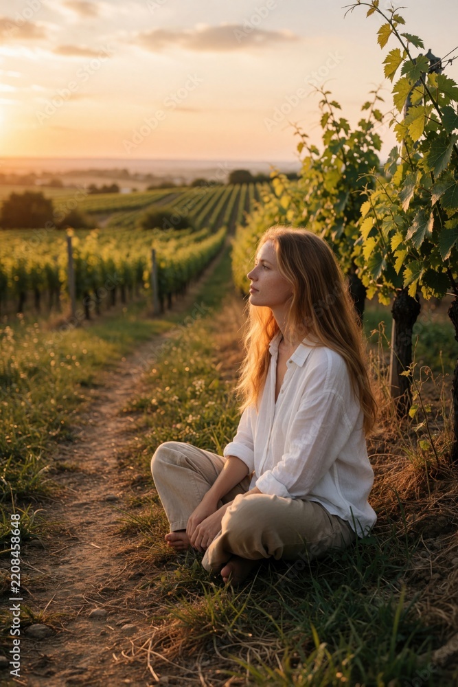 Obraz premium Beautiful young woman with long hair sits on dirt path in vineyard at sunset. Female enjoying calm nature landscape during golden hour. Girl relaxes in white shirt, beige pants amidst grape vines
