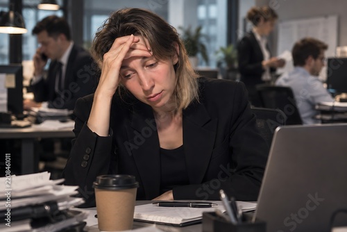 Burnt out businesswoman stressed by urgent office deadlines