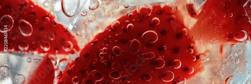 Juicy strawberry slices with ice and sparkling bubbles. Vibrant panoramic summer banner for cold drinks, refreshment advertising and promotions