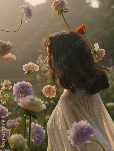 Ethereal editorial portrait of woman moving gently through pastel wildflower field