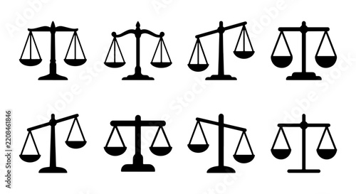 Fotografie Scales of justice silhouettes set with balances and weights for law and legal th