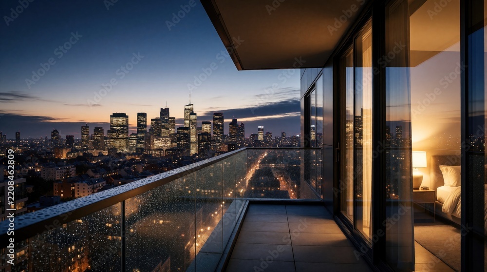 Fototapeta premium Modern balcony view of city skyline at dusk. Urban landscape with tall skyscrapers, bright lights under twilight sky. Quiet evening on high floor apartment terrace overlooks metropolitan traffic,