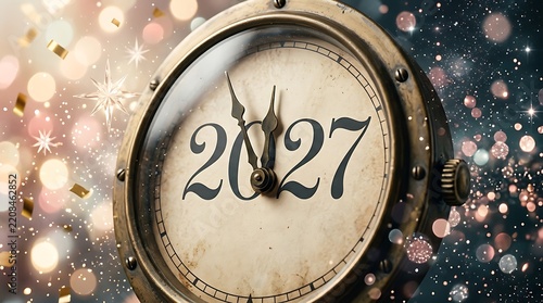 Happy new year 2027 new year 2027 celebration new year Vintage Clock Face Showing 2027 with Golden Confetti, Sparkles, and Bokeh Lights for New Year Celebration