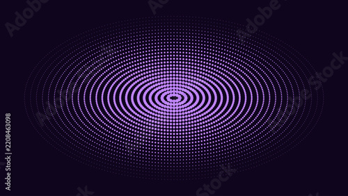 Abstract purple circular ripple pattern made of small dots on a dark background, for digital sound, wave or energy, pulse visual representations