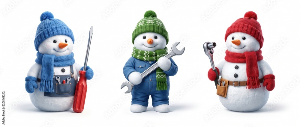 Obraz premium Set of 3D snowmen characters dressed as auto mechanics and handymen holding repair tools. Winter car service, home maintenance, website under construction page and holiday design asset collection isol