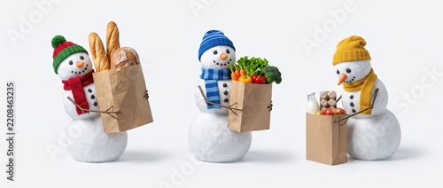Three cute snowmen holding paper grocery bags with food. Winter promotion, supermarket Christmas advertising, sale and holiday grocery delivery promo banner concept