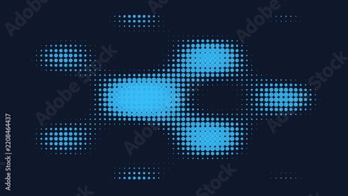 An abstract shape made of bright blue halftone dots on a dark navy background, creating a futuristic, and tech inspired