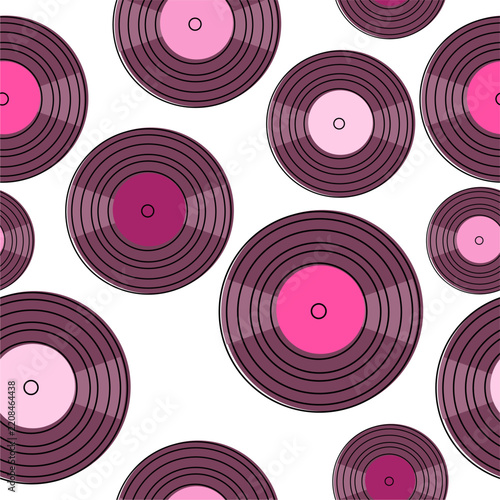 Seamless pattern print wallpaper with vinyl record discs music illustration vector retro style 60s, 70s, 80s, design art background for paper, textile, pack etc.	
