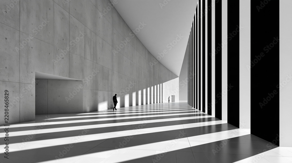 Obraz premium Monochrome brutalist corridor with rhythmic columns, dramatic shadows and solitary silhouette