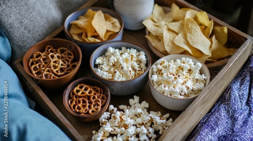 Wooden tray with snacks, popcorn, and chips on a bed