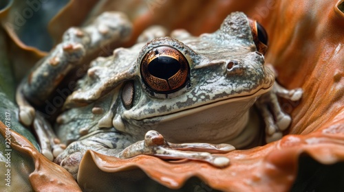 Close-up of a frog nestled in a leaf-like structure in a rainforest