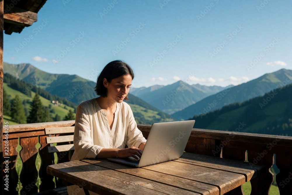 Fototapeta premium Young woman works on laptop computer on wooden balcony. Freelancer uses notebook at outdoor terrace with scenic mountain landscape view. Person focuses on remote job enjoying sunny summer day in