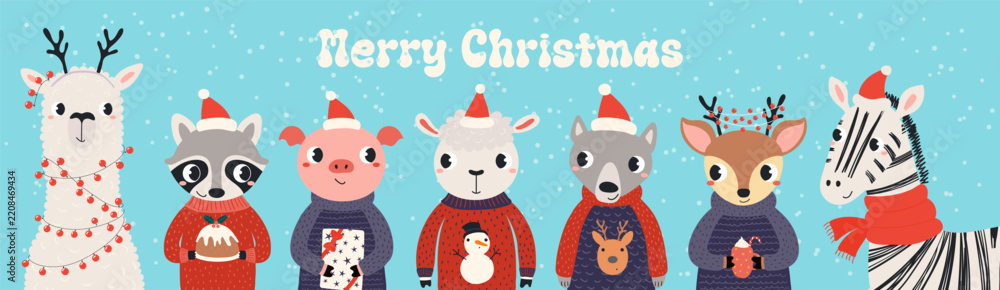 Obraz premium Cute animals in Santa Claus hats celebrating Christmas, with pudding, gifts, mug of cocoa illustration. Cartoon characters. Holiday kids print, design elements for card, banner. Hand drawn vector