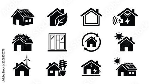 Collection of ecofriendly house icons representing sustainable living concepts