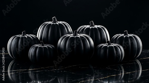 Matte Black Pumpkins on Reflective Black Marble Surface 3D Render