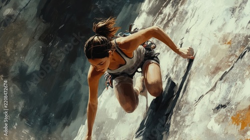 Determined woman rock climbing abstract textured cliff face