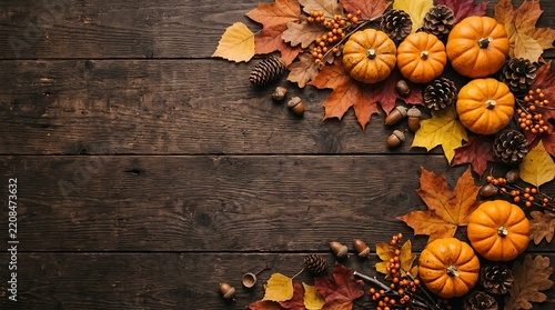 Thanksgiving day thanksgiving celebration Autumn Harvest Border with Pumpkins Leaves Acorns and Pinecones on Rustic Wood fall squash