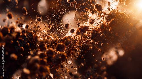 Exploding Ground Coffee Particles in Dramatic Golden Light