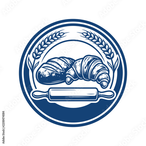 Bakery emblem with bread croissant and rolling pin in circular frame