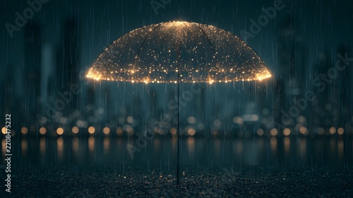 Glowing umbrella protects against heavy rain on a dark city night. Conceptual image for safety and security.