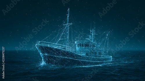 A glowing digital wireframe ship navigates a dark, starry ocean at night. This image represents maritime technology, global connectivity, and future logistics.