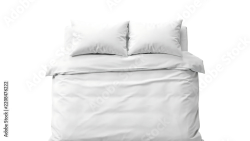 Elegant White Bed with Fresh Duvet and Two Pillows Viewed from Above Isolated on Transparent Background