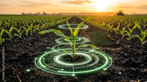 Young Corn Plant Growing in Field with Futuristic Digital Overlay and Sunset seedling sprout