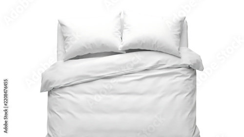 Clean White Bed with Two Pillows and Fresh Duvet Top View Isolated on Transparent Background