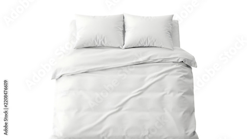 Overhead View of Perfectly Made White Bed with Two Pillows and Fresh Duvet Isolated PNG