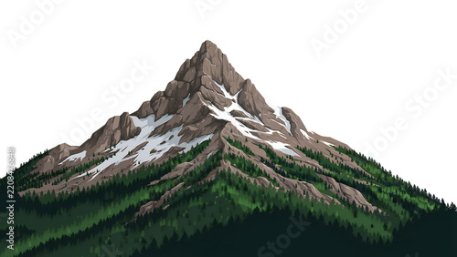 Dramatic Rocky Mountain Summit Covered in Snow with Evergreen Pine Trees Isolated PNG