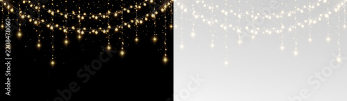 Christmas garland with glowing bulbs, a soft radiance, and a festive light effect against a dark png transparent background.