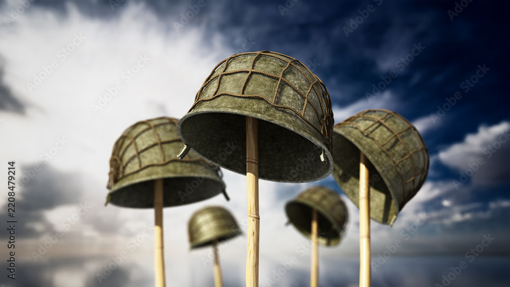 Obraz premium World War II helmets against blue sky. 3D illustration