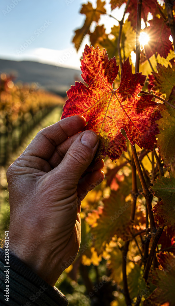 Obraz premium Hand holding vibrant autumn leaf in vineyard at sunset